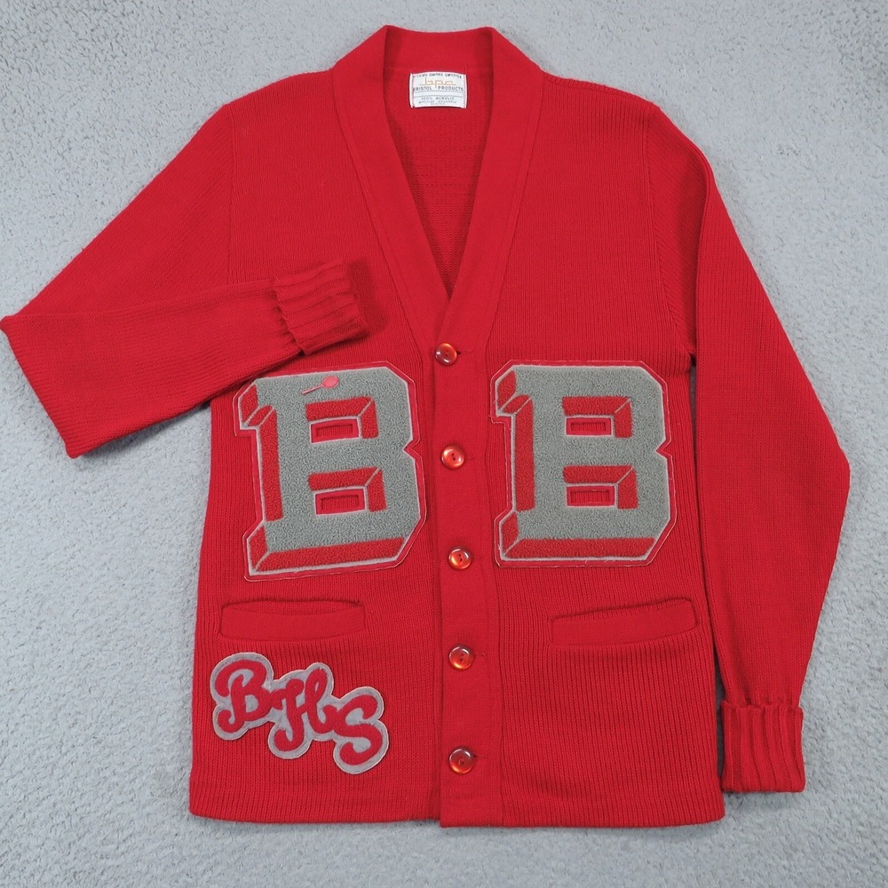 Vintage Bristol Products Varsity Sweater Mens Small Red Gray Knit Cardigan 70s